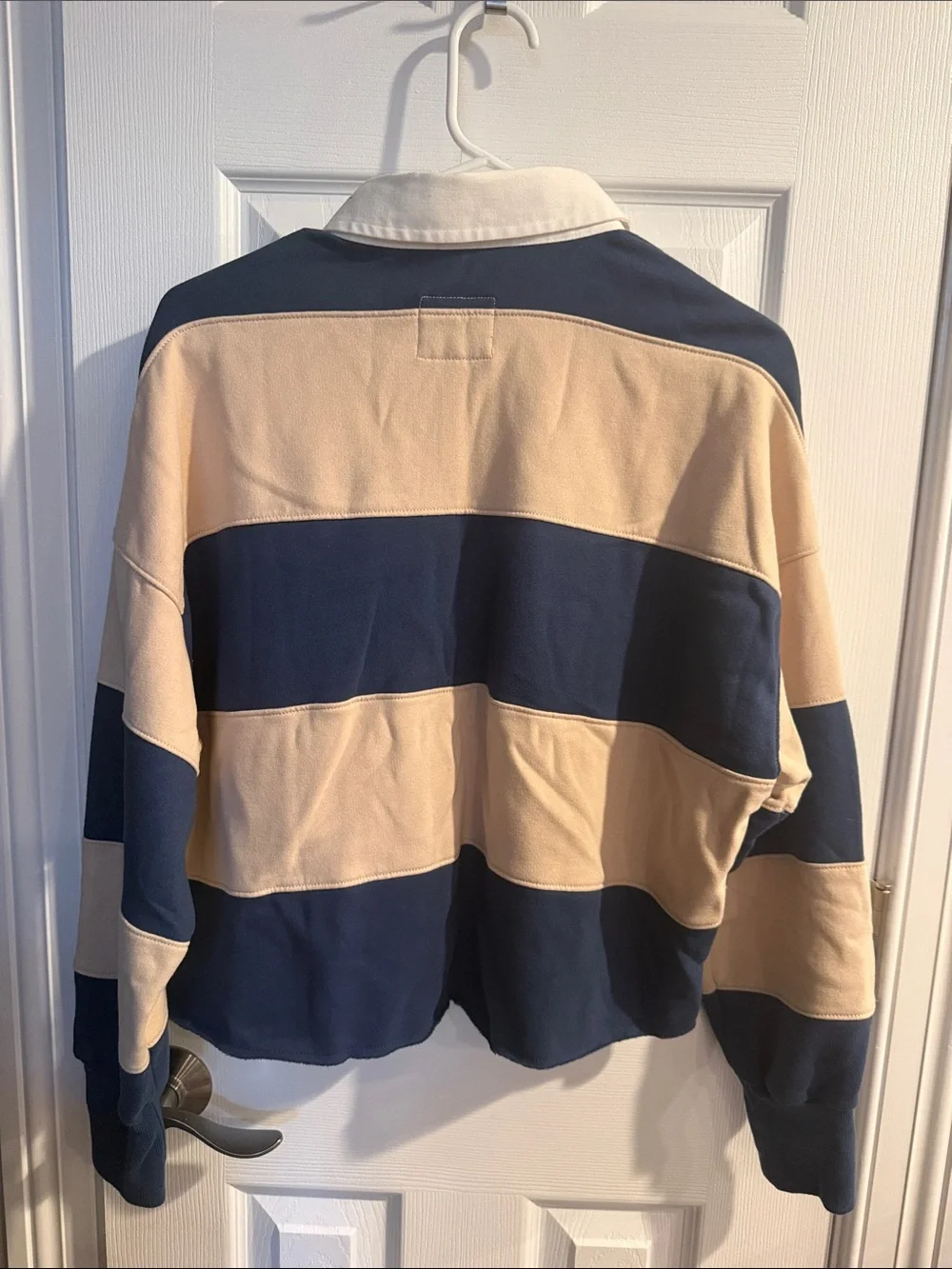 A&F Women’s Striped Rugby Pullover Fleece - Navy & Beige